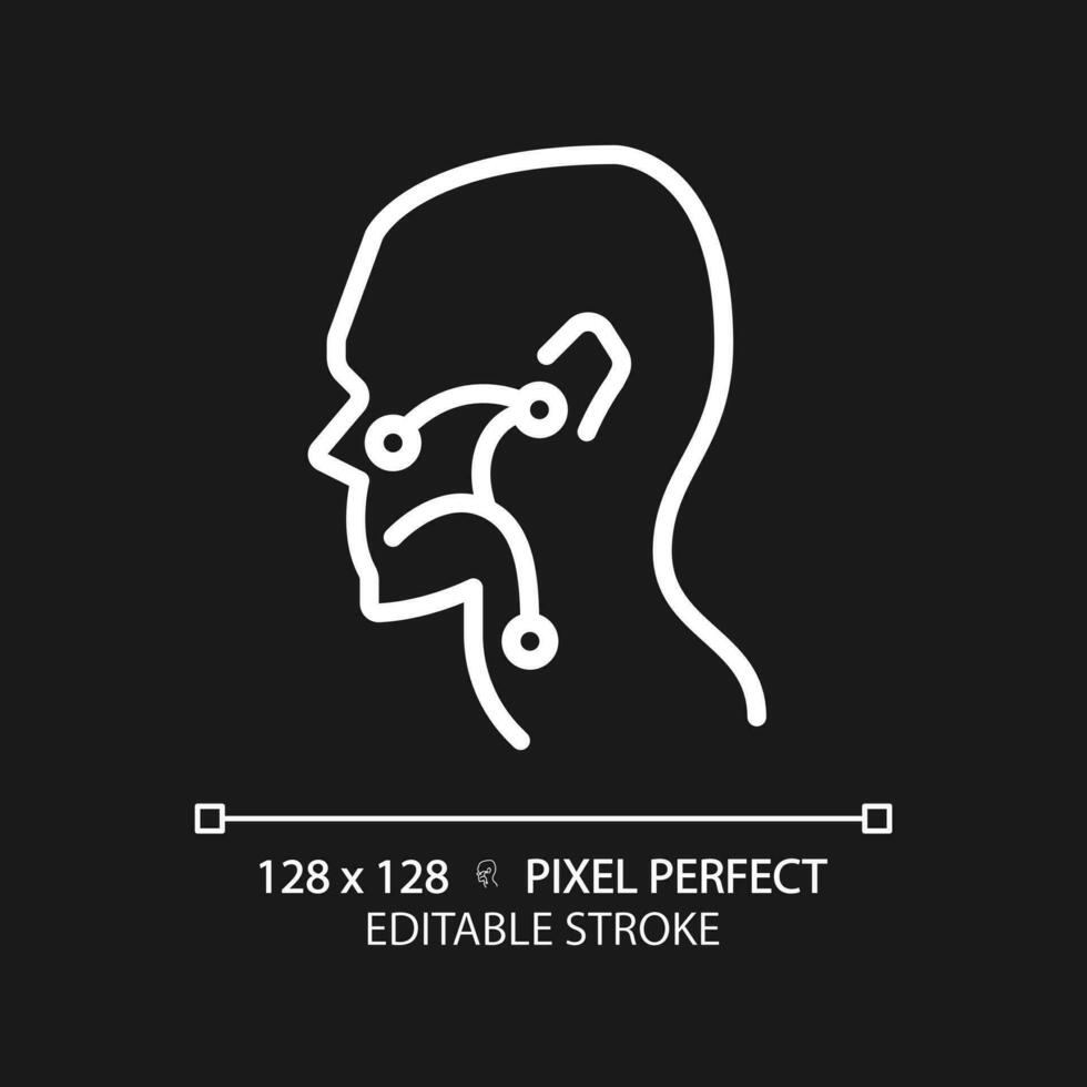 Ear, nose and throat pixel perfect white linear icon for dark theme. Otorhinolaryngological treatment. Medical care. Thin line illustration. Contour symbol. Vector outline drawing. Editable stroke