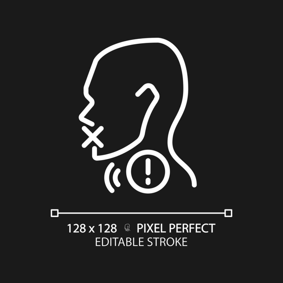 ronquera píxel Perfecto blanco lineal icono para oscuro tema. voz cambiando problema. garganta enfermedad tratamiento. Delgado línea ilustración. contorno símbolo. vector contorno dibujo. editable carrera