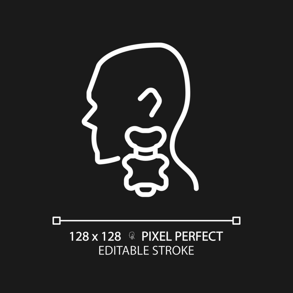 Thyroid pixel perfect white linear icon for dark theme. Butterfly shaped gland in throat. Hormones making organ. Thin line illustration. Contour symbol. Vector outline drawing. Editable stroke