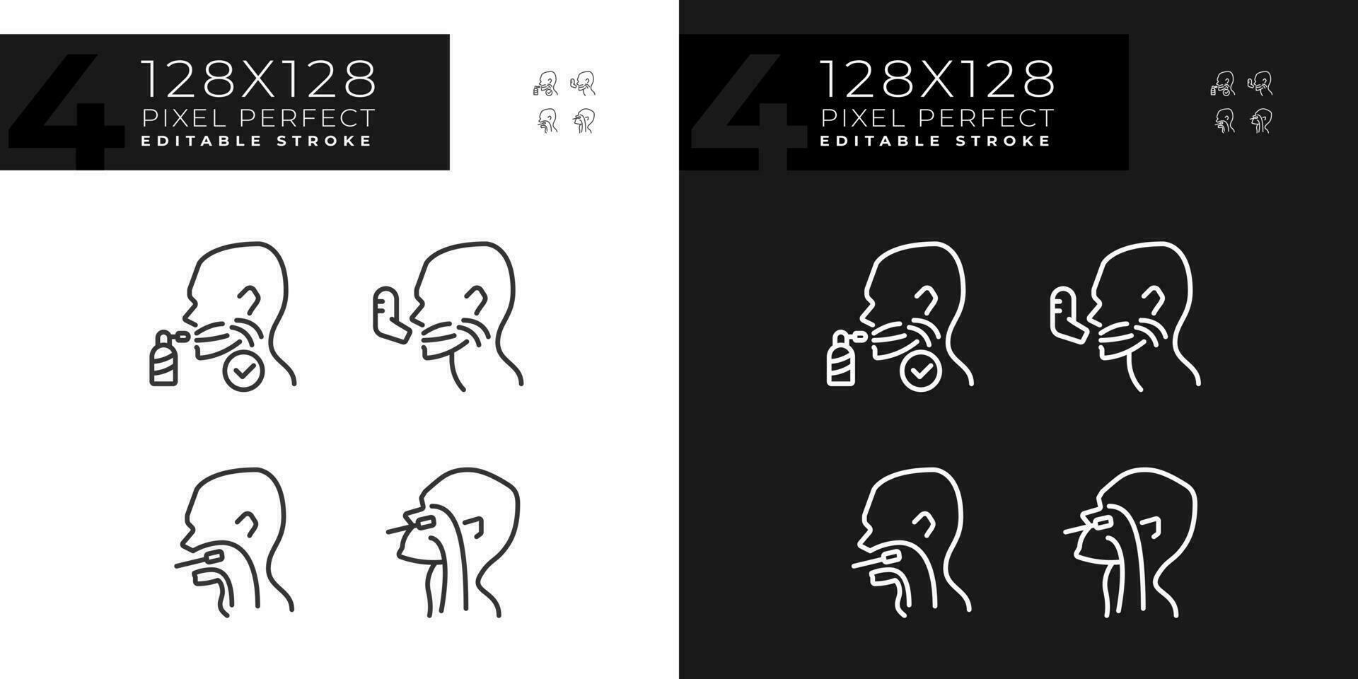 Throat examination and inhalation pixel perfect linear icons set for dark, light mode. Respiratory disease diagnostic. Thin line symbols for night, day theme. Isolated illustrations. Editable stroke vector
