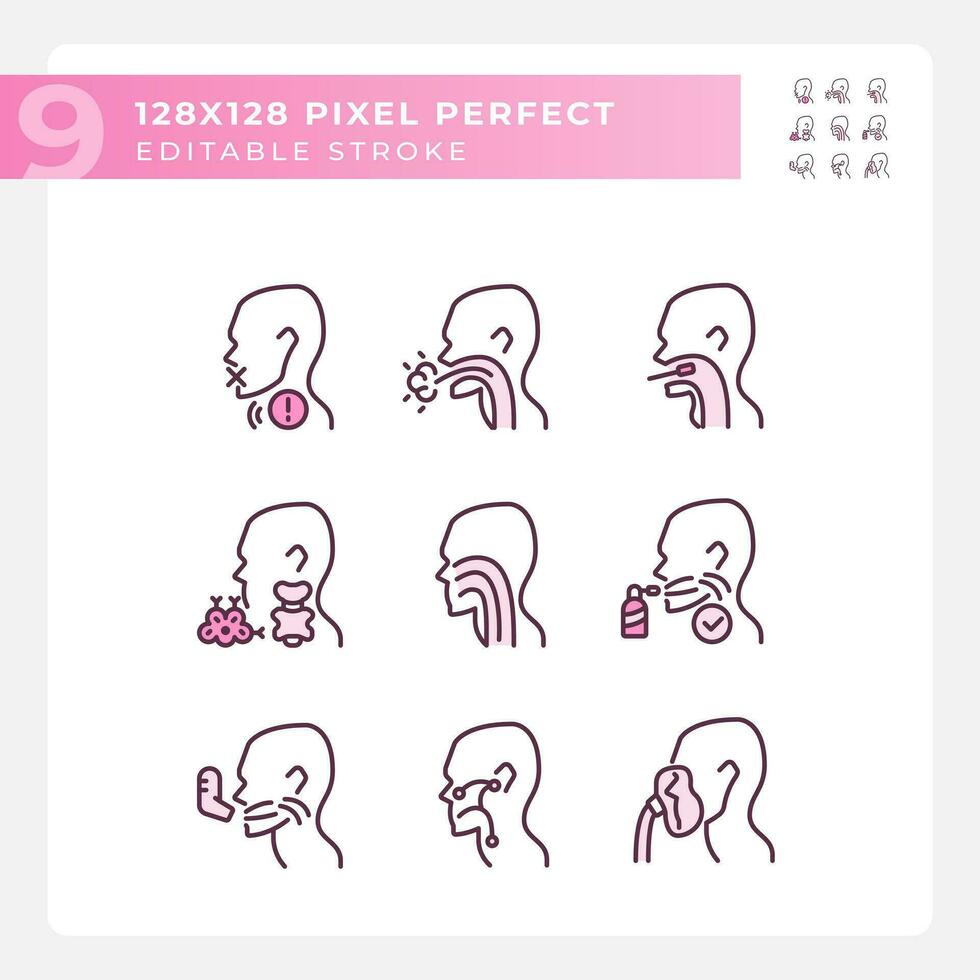 Throat problem diagnostics pixel perfect RGB color linear icons set. Different diseases of human gullet. Medical service. Isolated vector illustration. Simple filled line drawing. Editable stroke