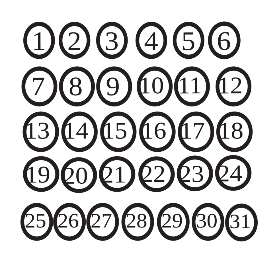 Month numbers from one to thirty one black sketch outline on transparent background , calendar numbers png