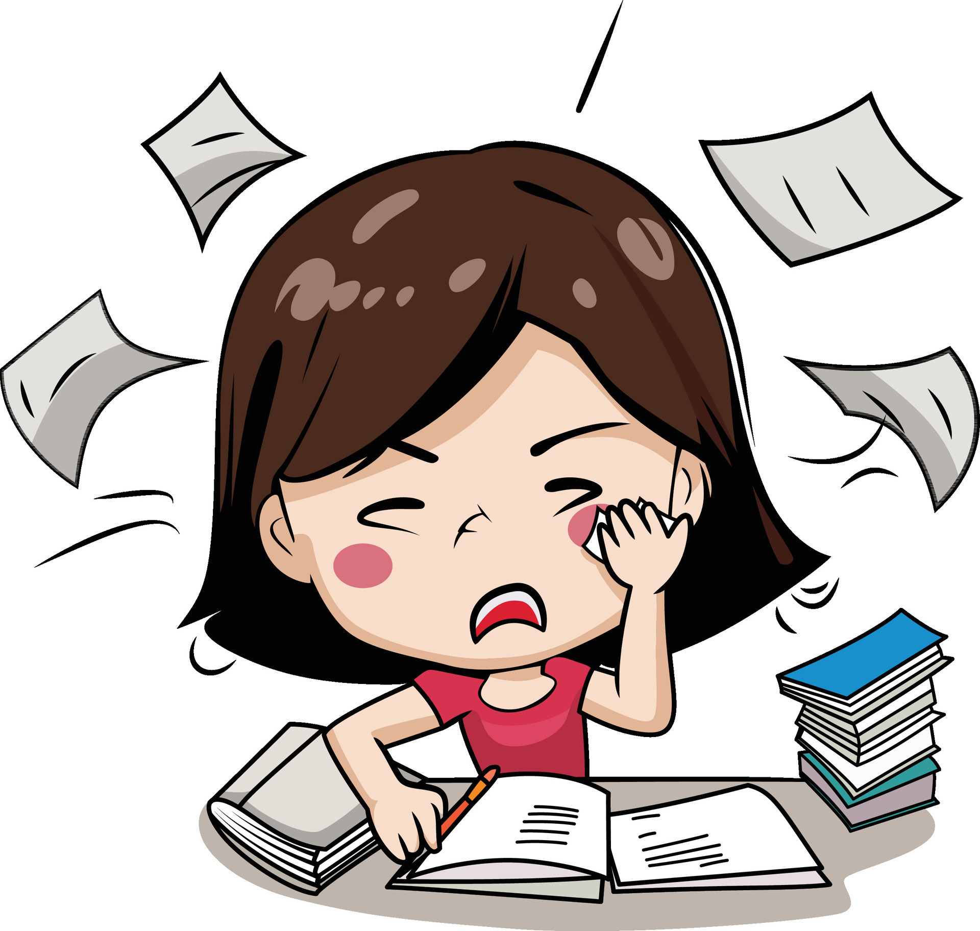 Young Stressed Student Girl Studying Cartoon Vector Illustration Woman 