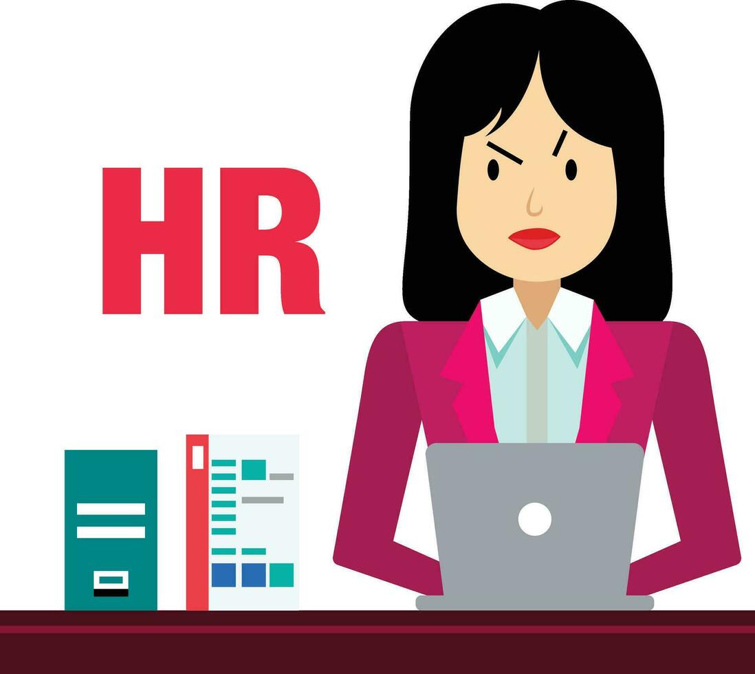 Human Resources Manager flat style vector illustration , female HR or angry female office worker working on a laptop vector image