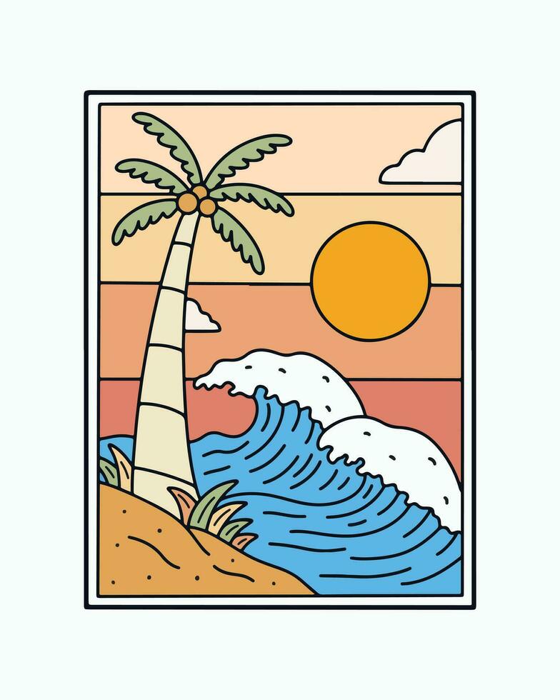 Summer time on the beach theme. the waves and the coconut vector illustration for sticker, poster, t shirt and other