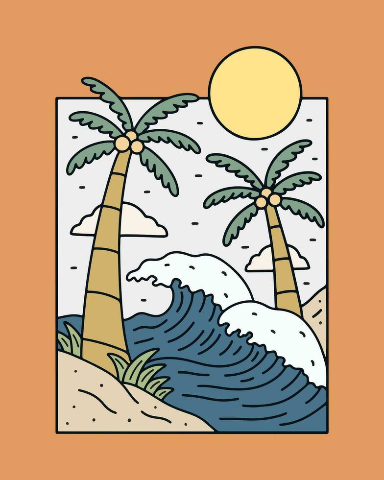 The twin of wave and coconut tree on the beach in the summer vector t shirt sticker illustration