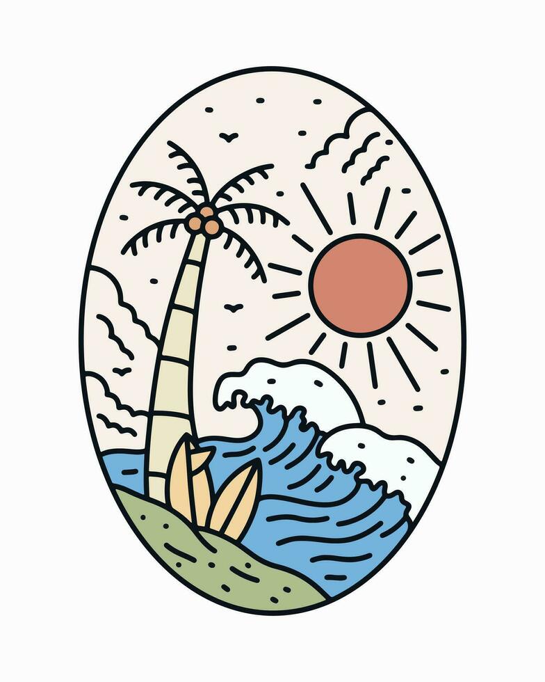 verano vibraciones tema. el olas y el Coco en el playa vector t camisa ilustración
