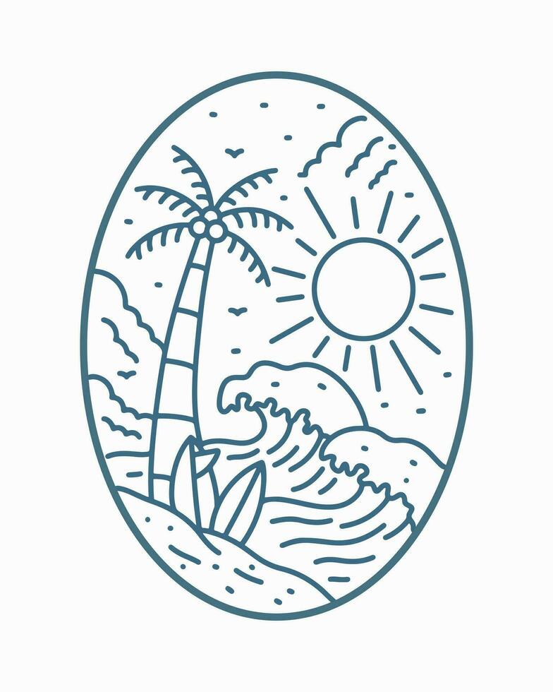The waves on the beach in summer time mono line vector illustration