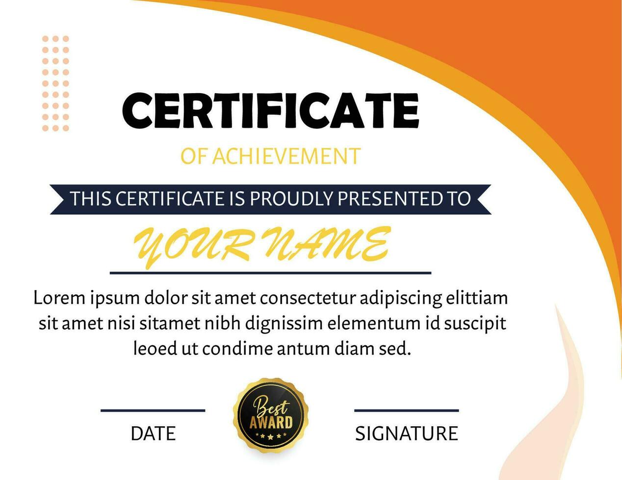 Certificate of appreciation template, Orange and light orange color. Clean modern certificate with gold badge. Certificate border template with luxury and modern line pattern. Diploma vector template