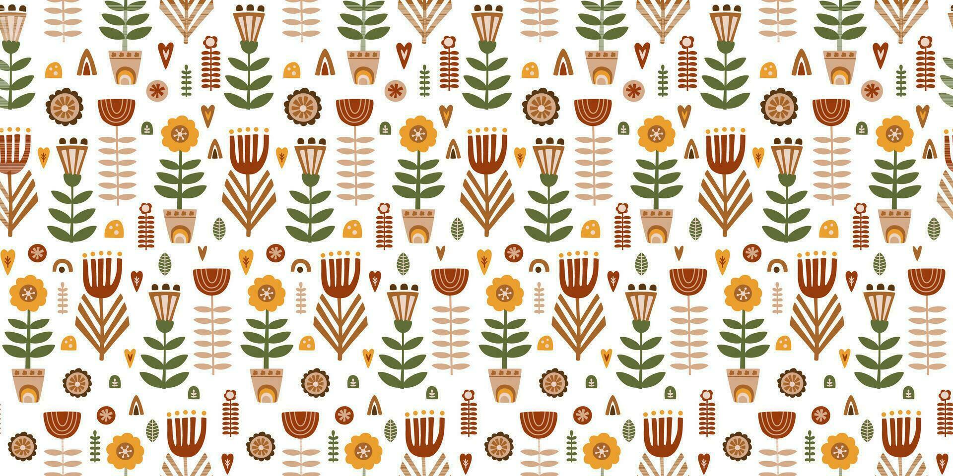 Scandinavian folk art pattern. Folk floral pattern. Swedish folk art print, seamless background, swedish textile, wallpaper in vector. Bright stylized decorative floral elements. Scandi illustration. vector