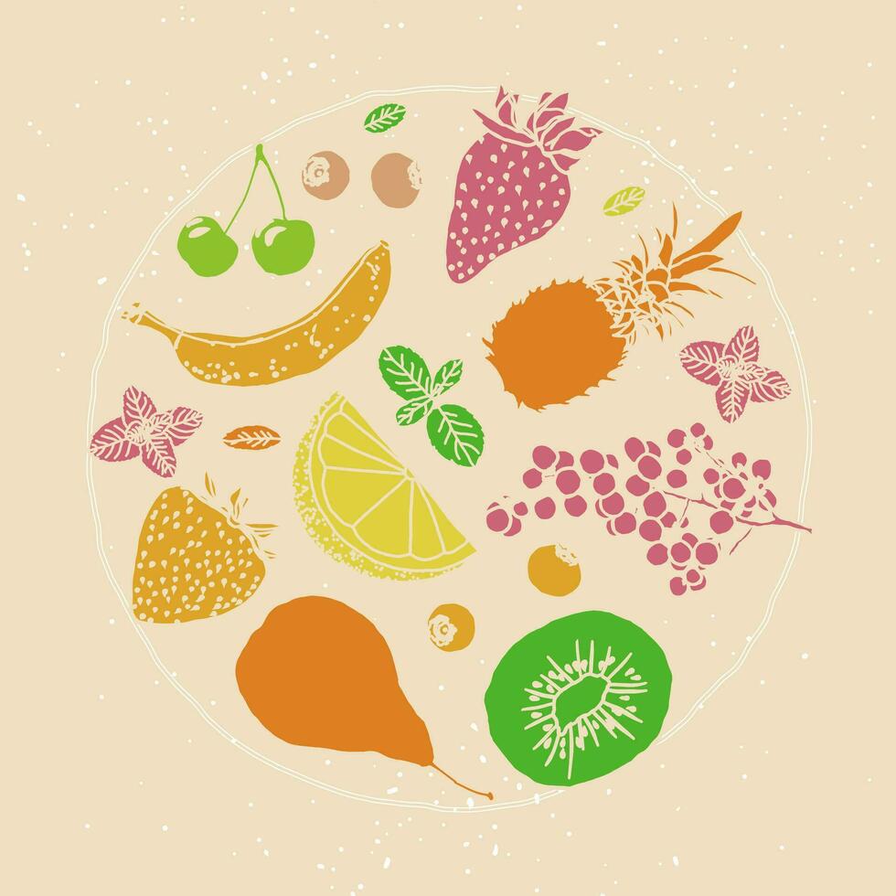 Fruta ilustración bosquejo estilo retro colores circulo composición vector