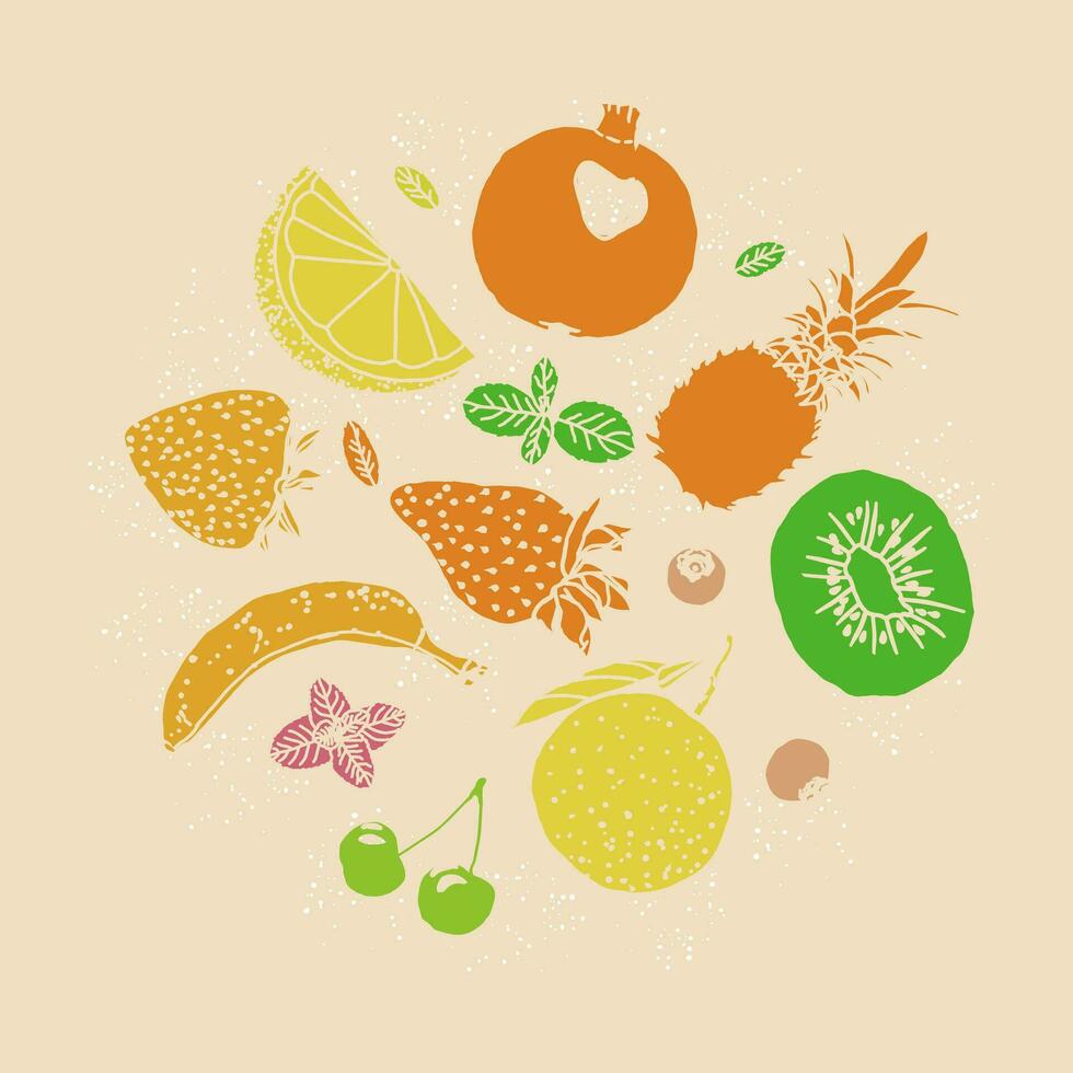 Fruta ilustración bosquejo estilo retro colores circulo composición vector