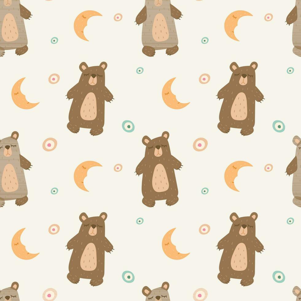 Vector seamless children pattern in the Scandinavian style. Cute sleepy doodle animal toy bear and moon or crescent.