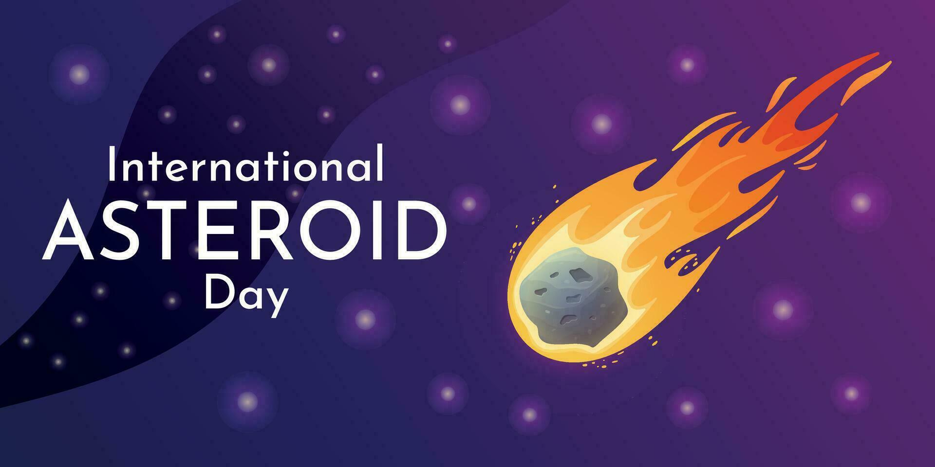 International world holiday Asteroid Day. Space background banner of night starry sky with meteorite with fire. vector