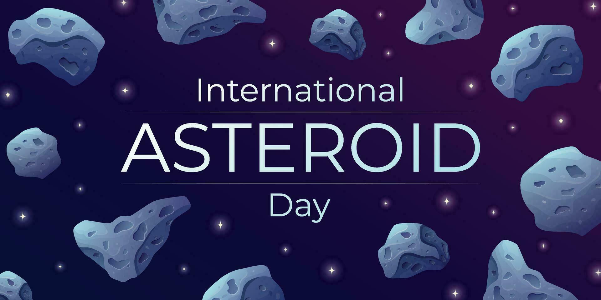 internacional mundo fiesta asteroide día. espacio antecedentes bandera de el noche estrellado cielo con volador Roca meteoritos vector