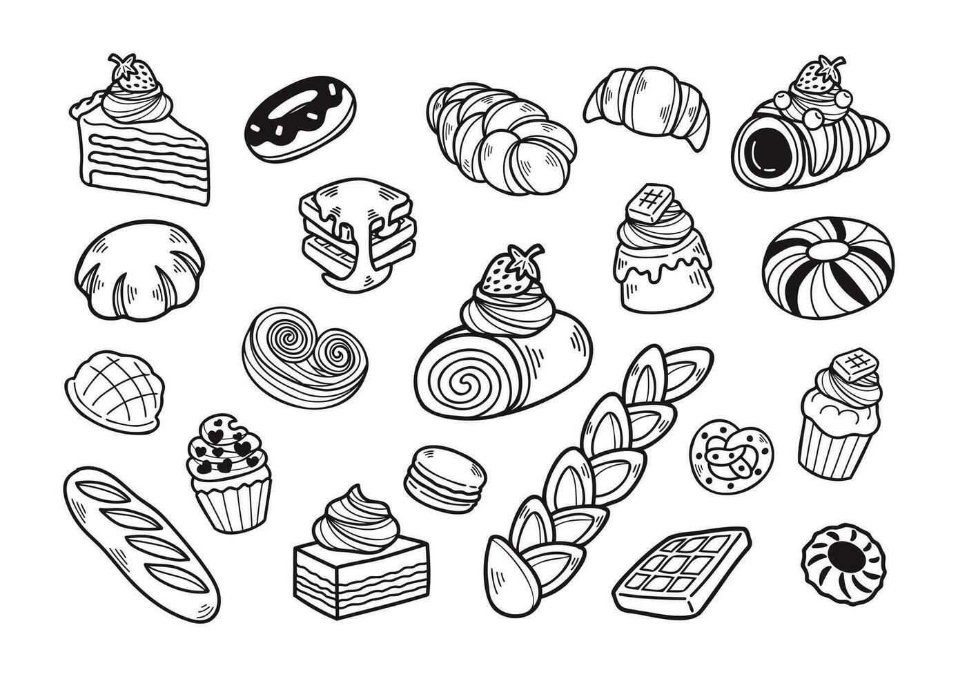 negro y blanco linda mano dibujado postre panadería colección vector