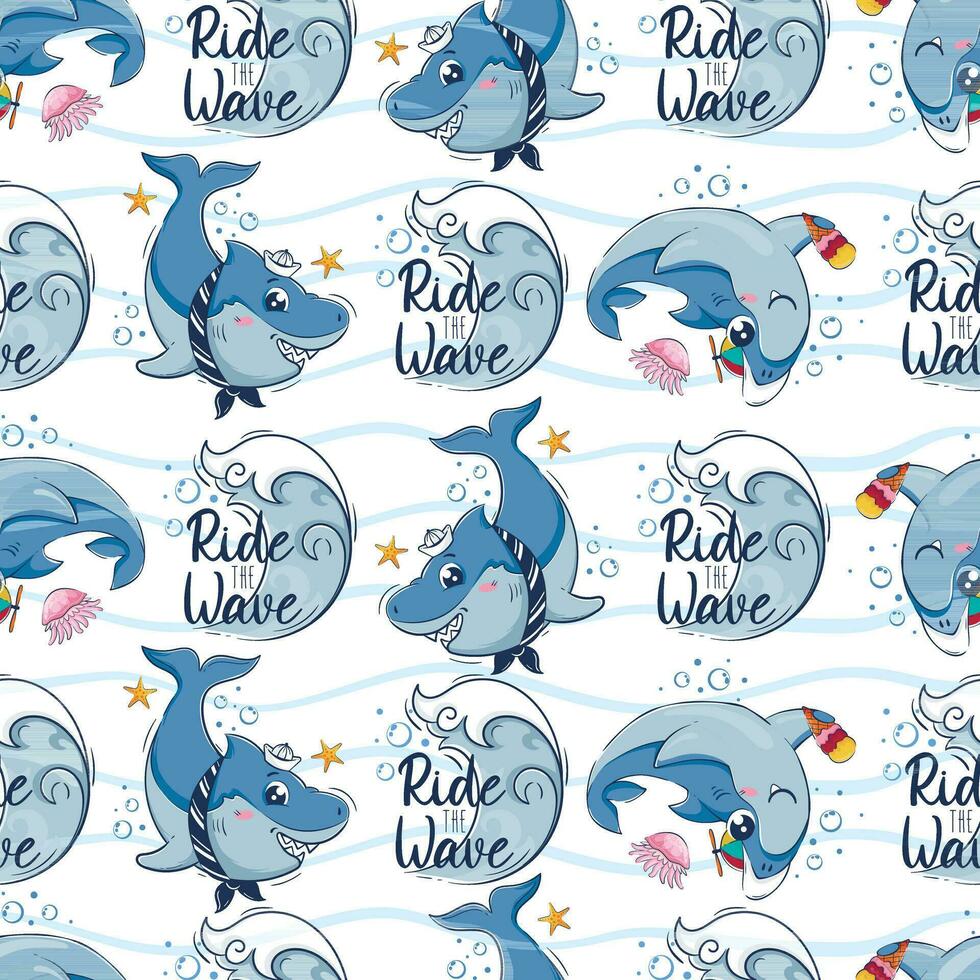 Seamless pattern with cartoon sharks swimming among the sea waves and the inscription ride the wave in a flat style. vector