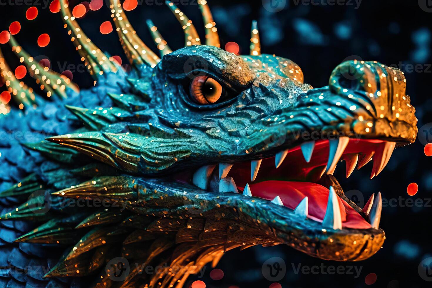 Chinese New Year dragon statue head on a blurred background with lights - photo