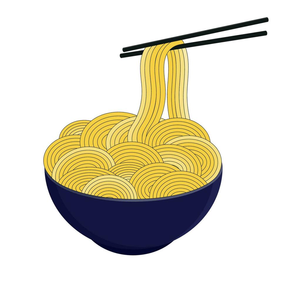 Noodles in a purple plate with chopsticks. Vector Illustration. Asian traditional food.