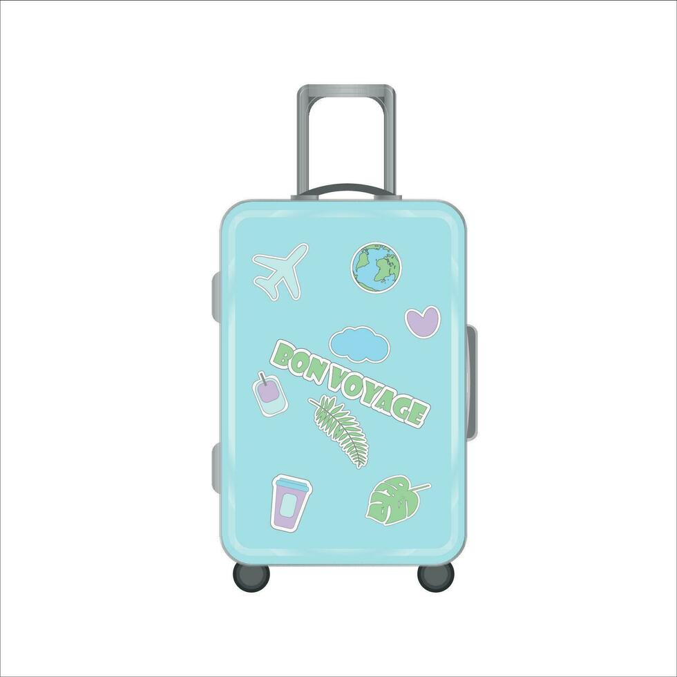 blue suitcase on wheels with stickers, vector illustration.