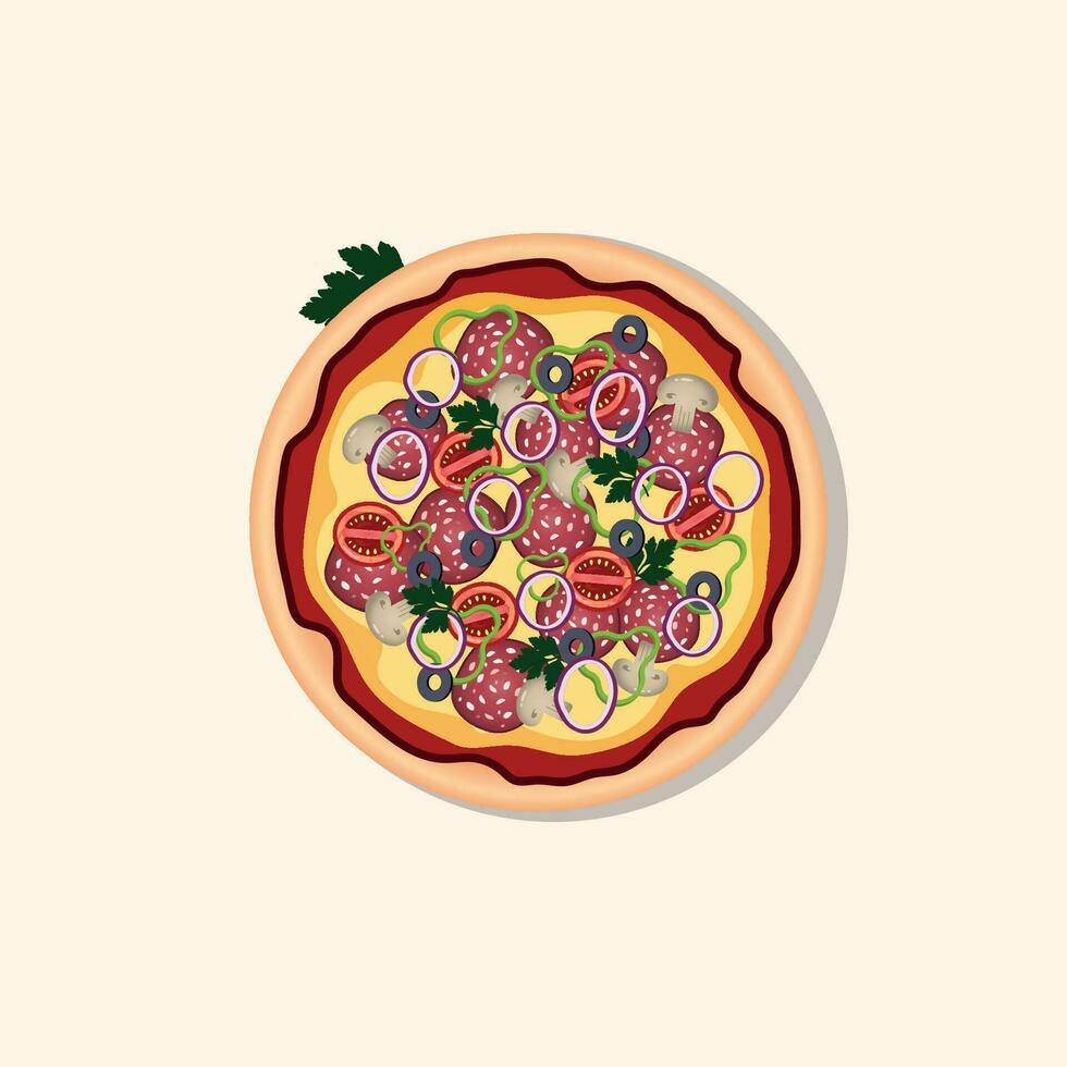 Vector image of pizza with different ingredients. Pizza with pepperoni, mushrooms, tomatoes, parsley, onions, olives.