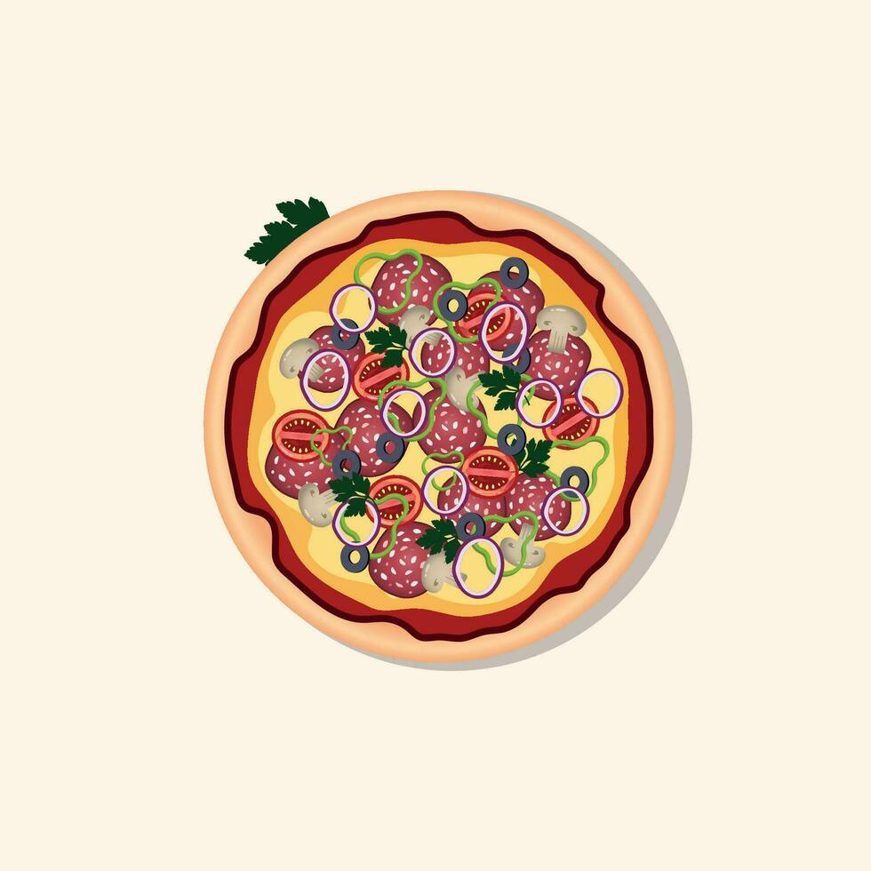 vector imagen de Pizza con diferente ingredientes. Pizza con pepperoni, hongos, Tomates, perejil, cebollas, Olivos.