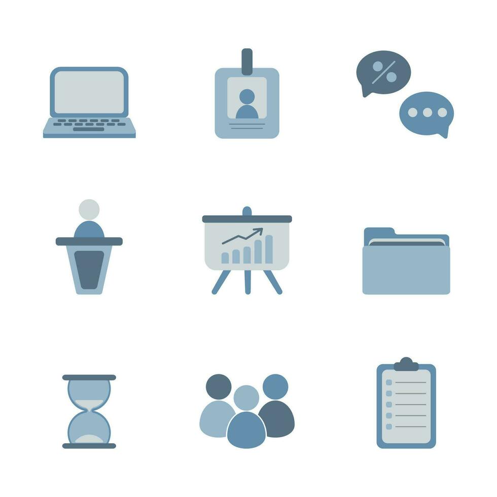 Vector illustration of blue-gray business icons. Set icons on a white background. Percentages, Stationery tablet, Hourglass, Silhouettes of people, Folder, Diagram, Orator speaking, Badge, Laptop