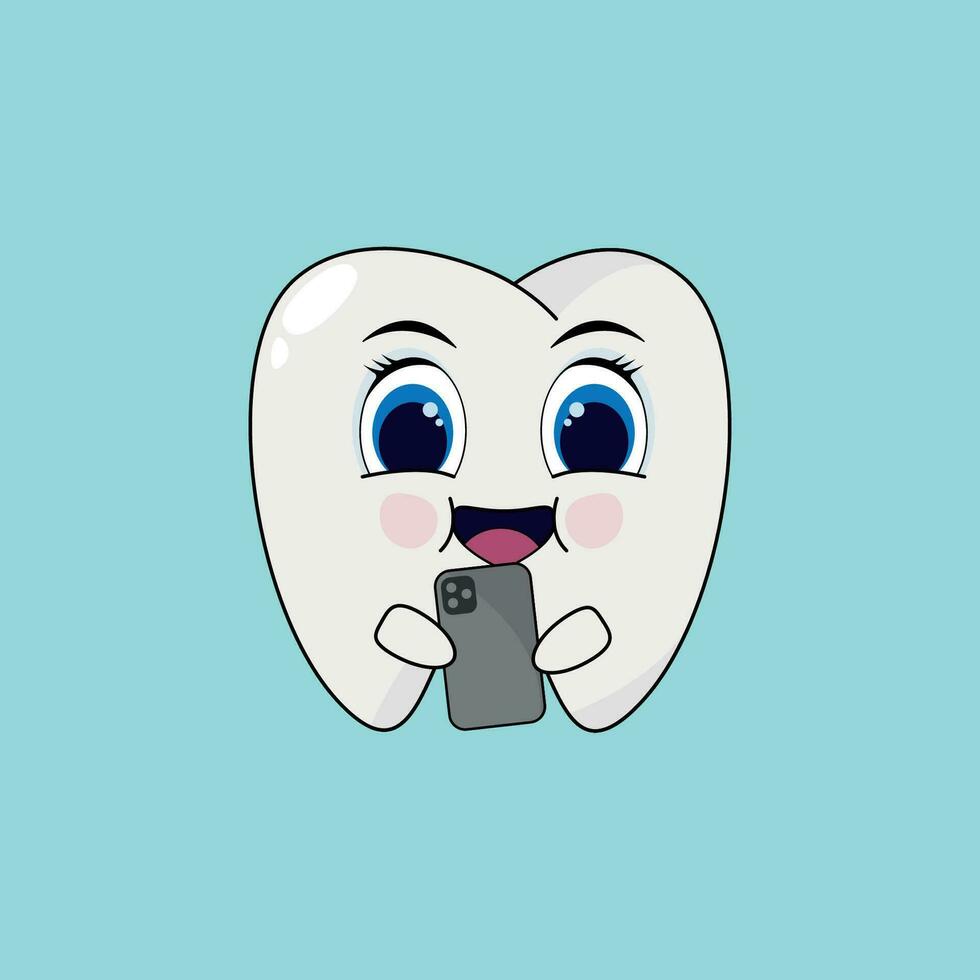 Cute tooth with phone.  Vector illustration. Cartoon.