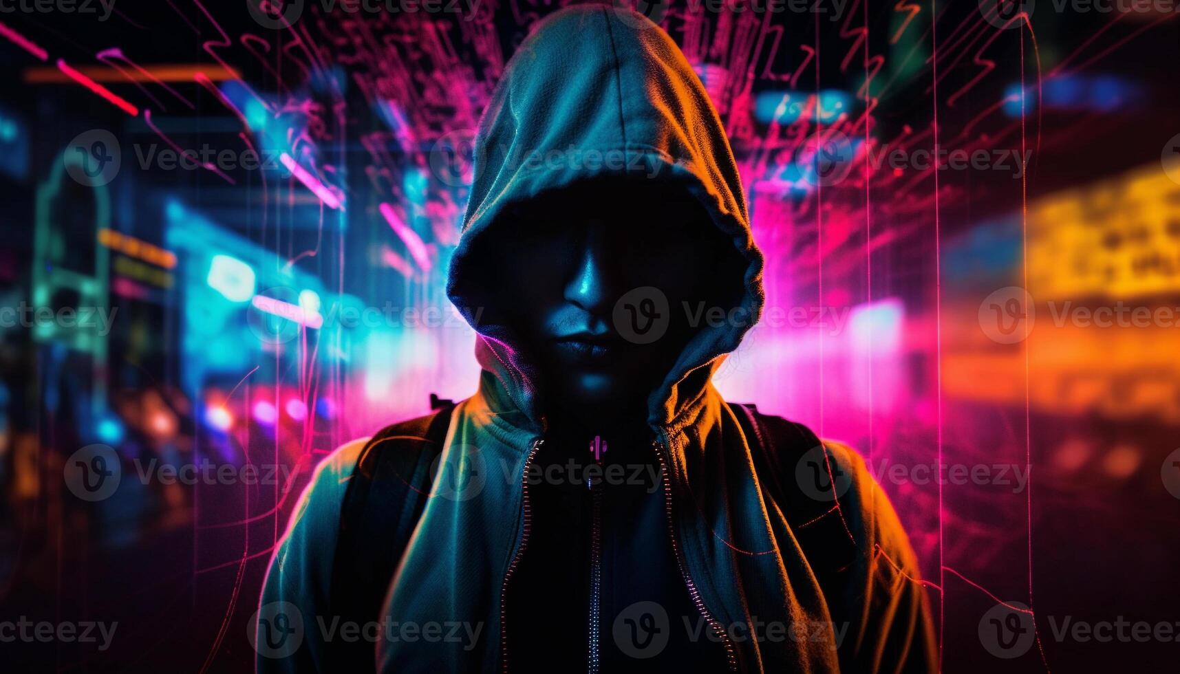 Hooded thief illuminated by city's lights generated by AI photo