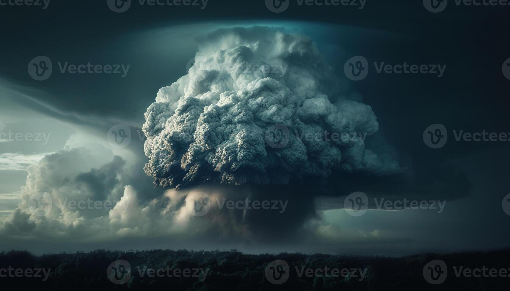 Ominous storm cloud exploding over foggy landscape generated by AI photo