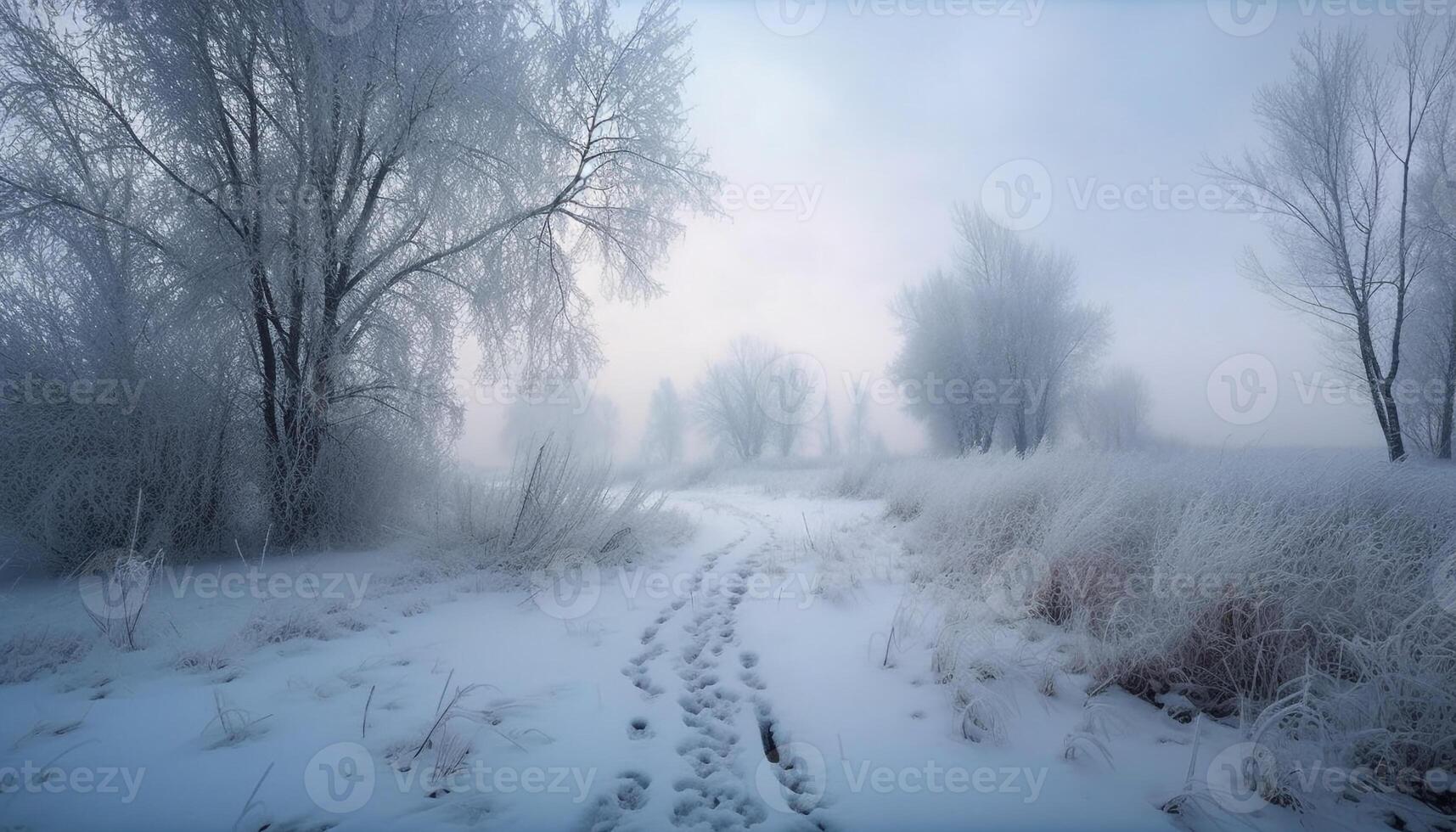 Frosty tree branch frozen in winter solitude generated by AI photo