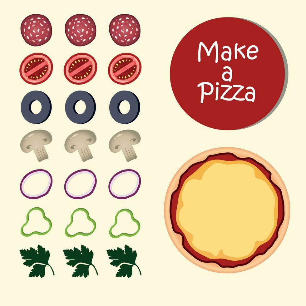 Vector image of pizza with various ingredients. Pizza with pepperoni, mushrooms, tomatoes, parsley, onions, olives.