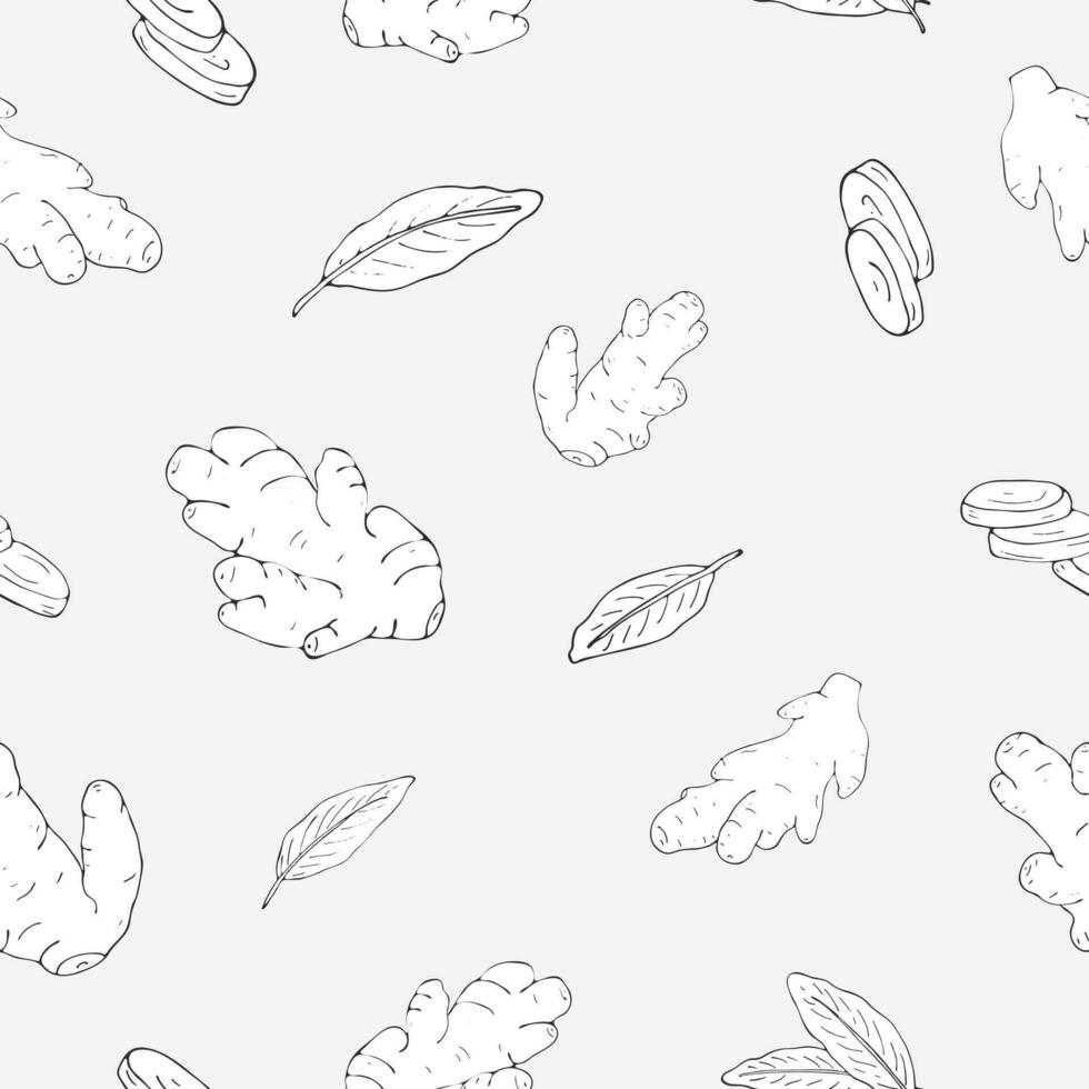 Ginger seamless pattern on gray background, for fabrics, wrapping paper, background, wallpaper, and textiles. Vector hand-drawn Ginger seamless pattern. Ginger root and cut pieces. Detox food