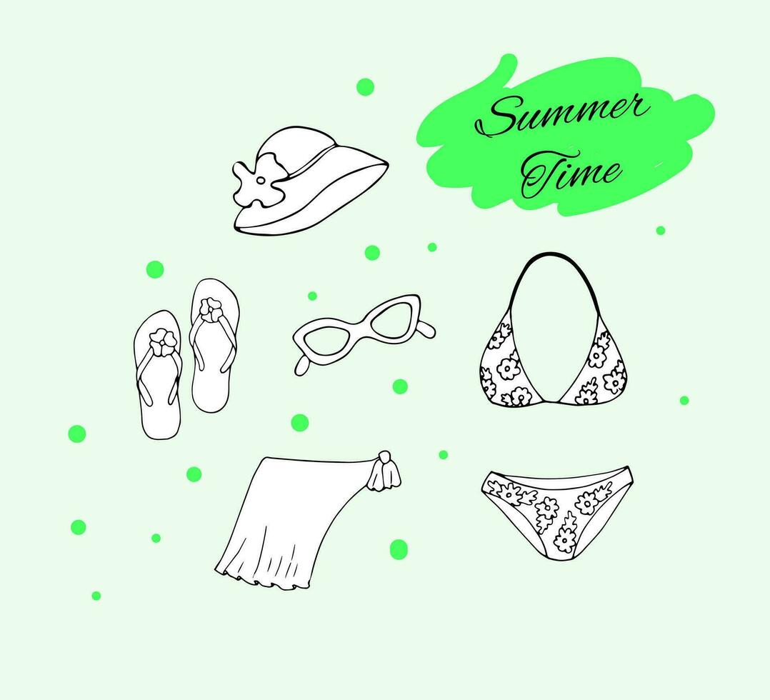 Summertime hand-drawn attributes, hat, sunglasses, swimwear, pareo, and slippers, isolated vector illustration on white background