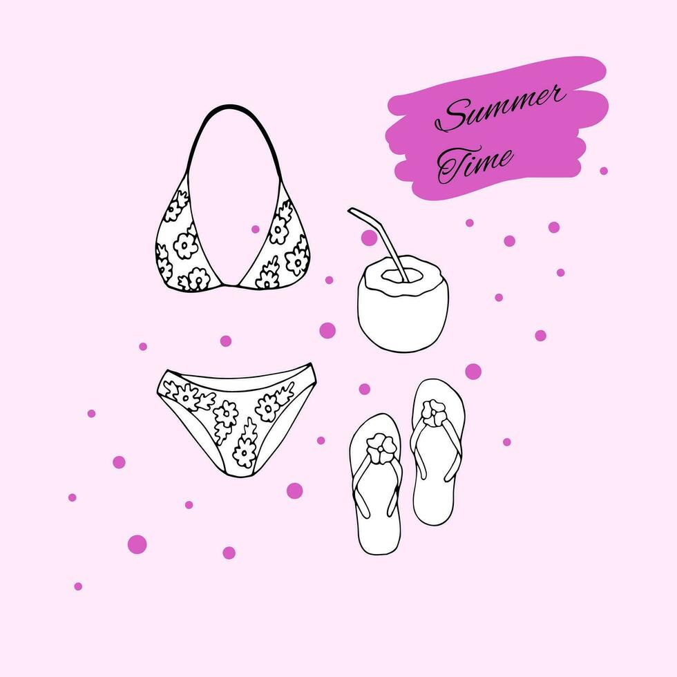 Set of summer objects. Hand-drawn summertime vacation attributes swimwear, slippers, sunglasses, and coconut drink. Hand-drawn sketch-style vector illustration isolated on white background.