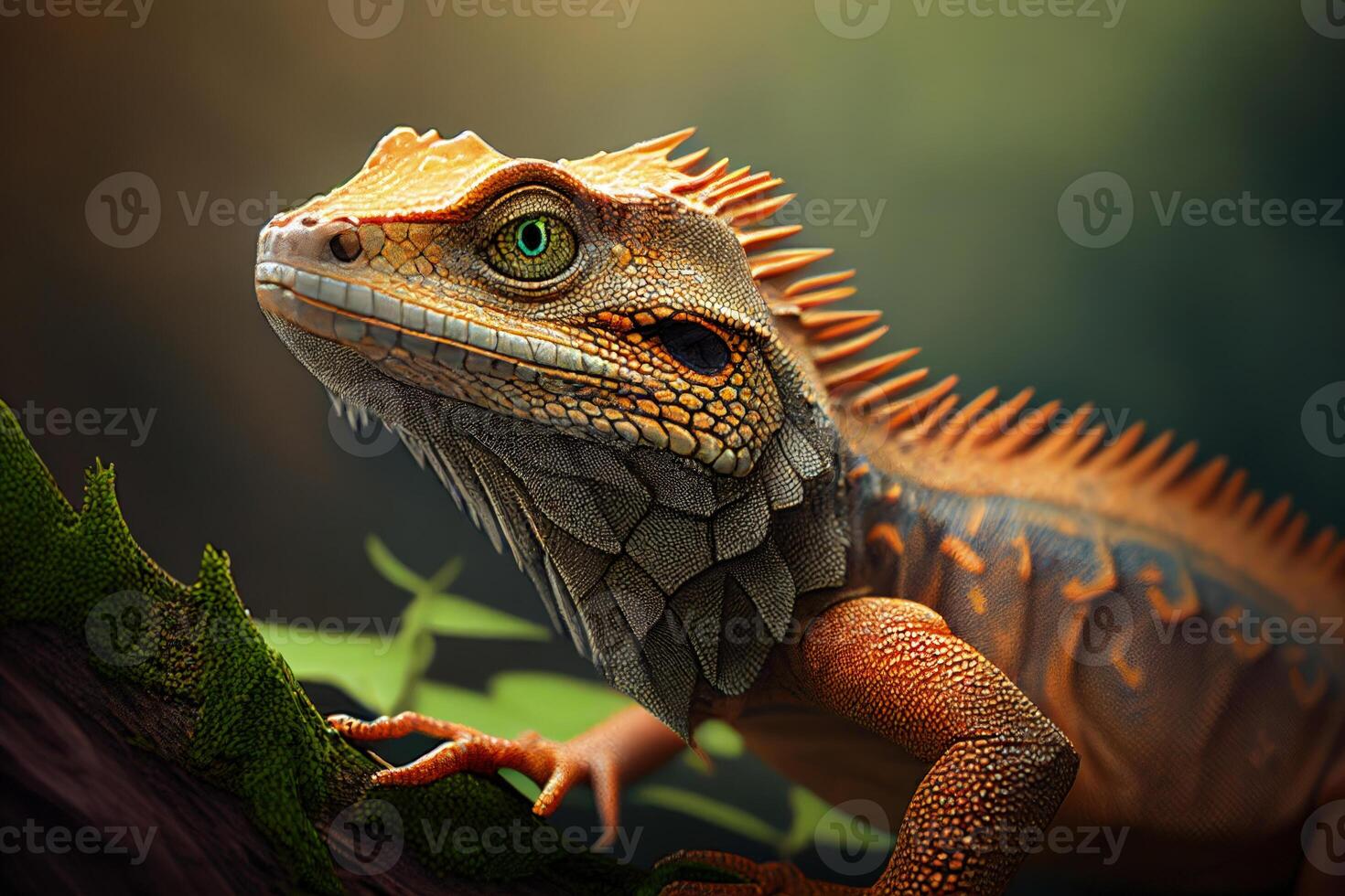 Portrait of an iguana close up, a lizard sitting on a tree branch, moss, against the background of the forest - photo