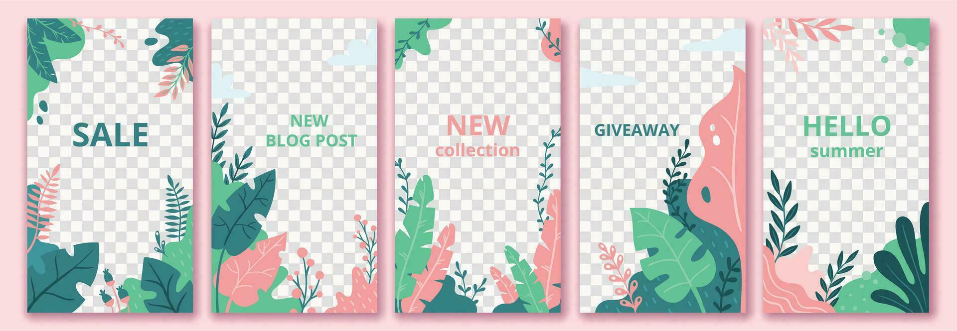 Floral stories template. Garden flora poster, flowers composition layout and trendy social media story templates vector set