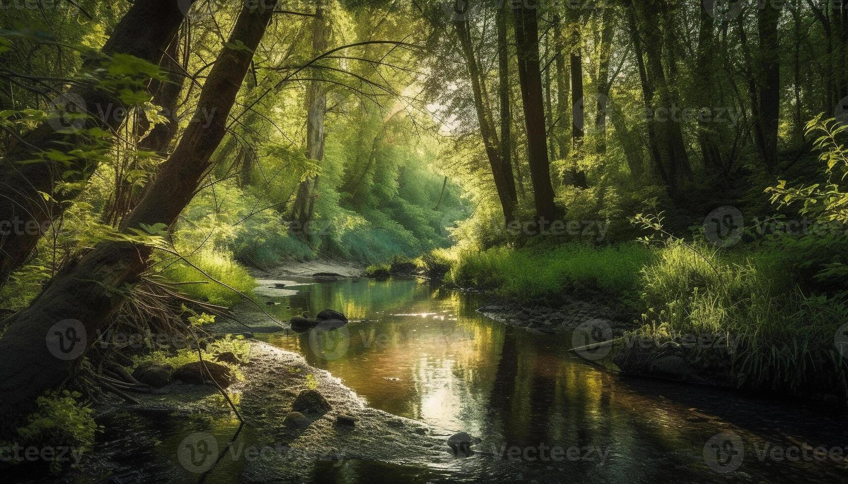 Tranquil scene of autumn forest reflected in pond generated by AI photo