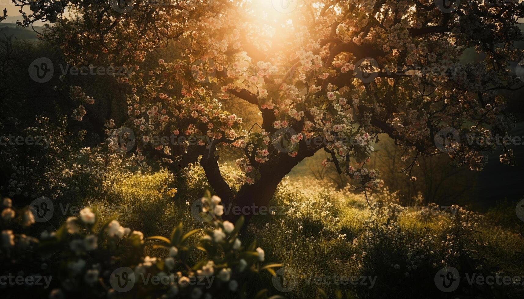 iluminado por el sol árbol sucursales, un verano del prado belleza generado por ai foto