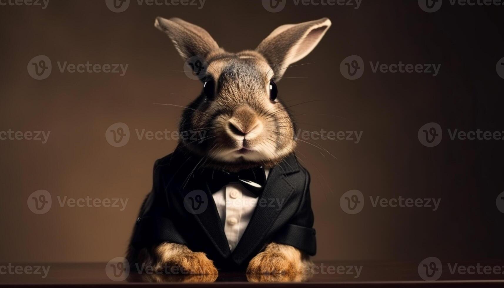 Fluffy rabbit in a bow tie celebrates Easter generated by AI photo