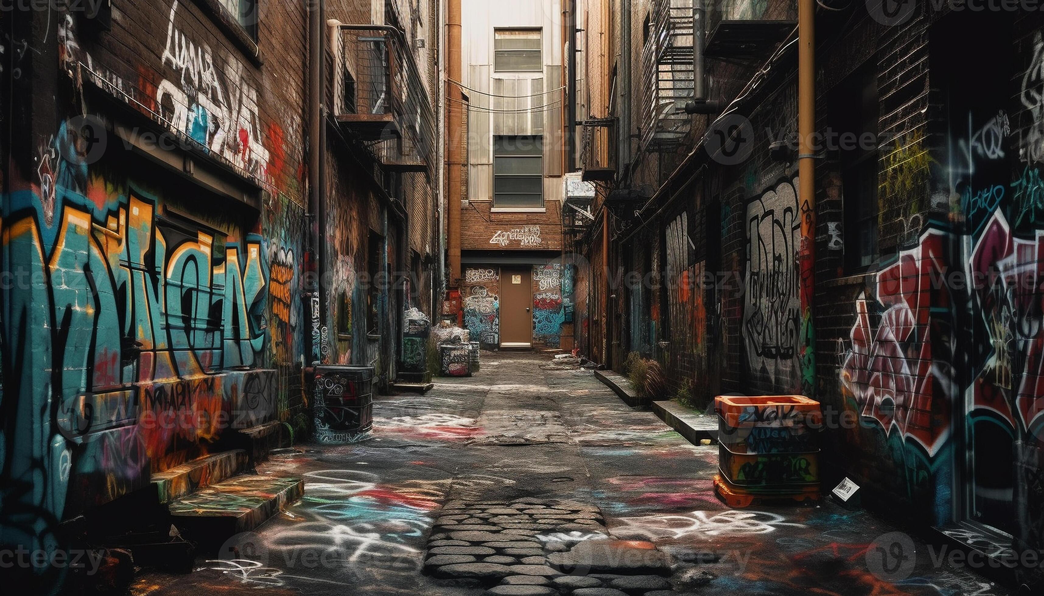 Dirty streets, graffiti walls, chaotic city life generated by AI