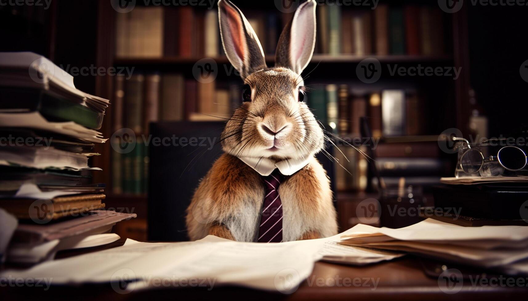 Caucasian businessman reading with cute pet rabbit generated by AI photo