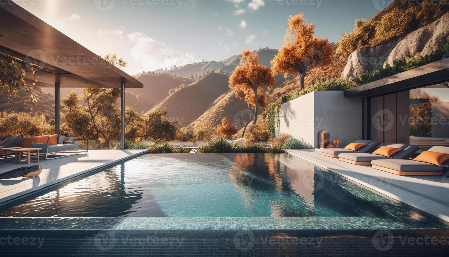 lujoso villa, montaña paisaje, tranquilo junto a la piscina relajación generado por ai foto