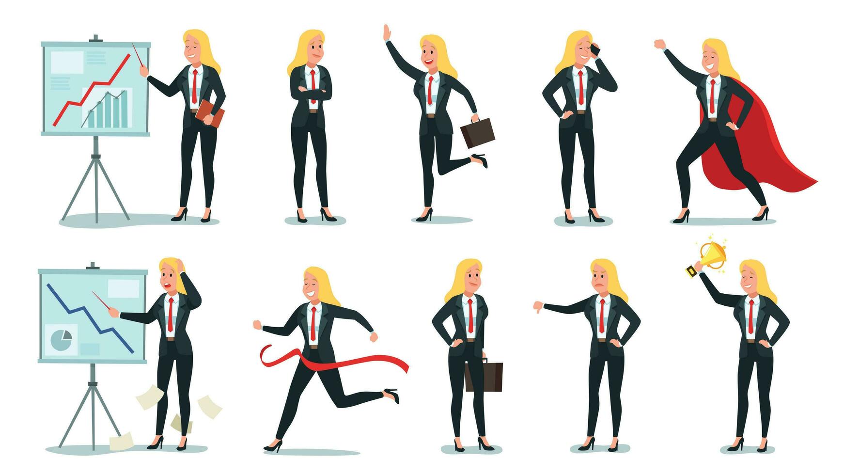 Business woman character. Office professional worker, young female secretary and corporate businesswoman vector illustration set