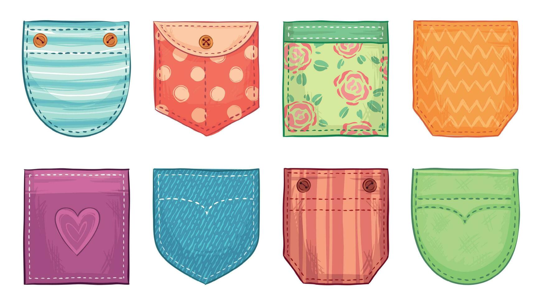 Color patch pockets. Comfort pocket patches with seam, denim patched pockets buttons and comfortable clothes accessories vector set