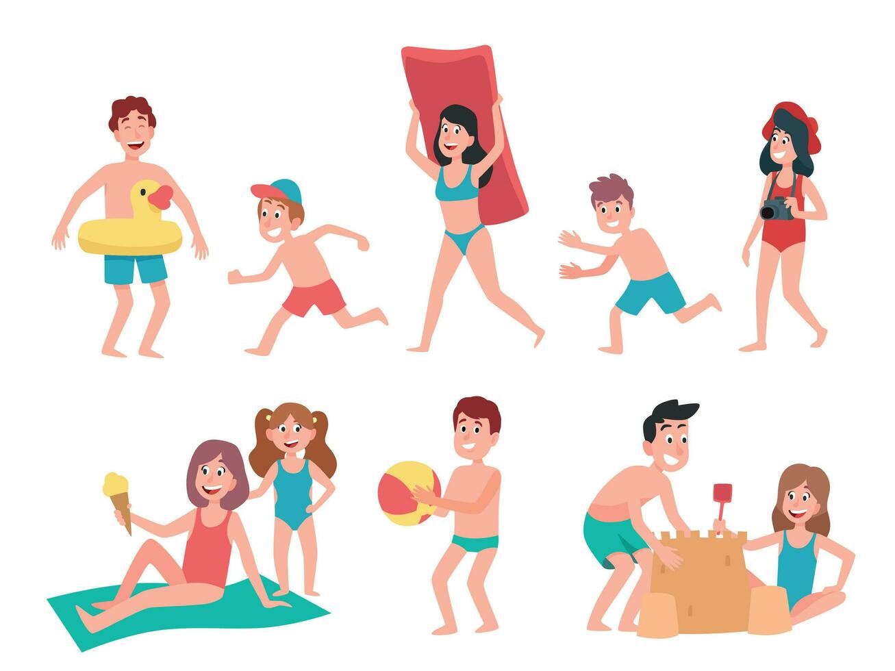 Kids playing at beach. Summer holiday vacation childrens, swimming and sunbathing kid cartoon vector illustration set