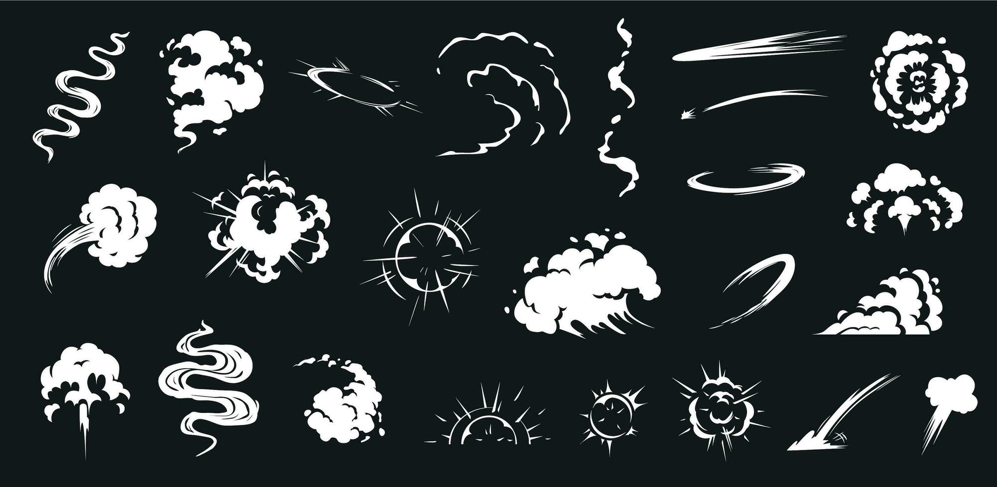 Comic smoke. Smoke puffs vfx, energy explosion effect and cartoon blast vector illustration set