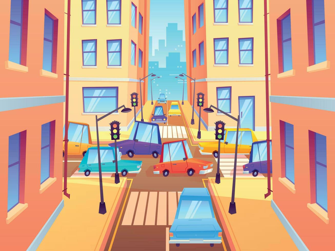 City crossroad with cars. Road traffic intersection, town street car jam and crosswalk with traffic lights cartoon vector illustration