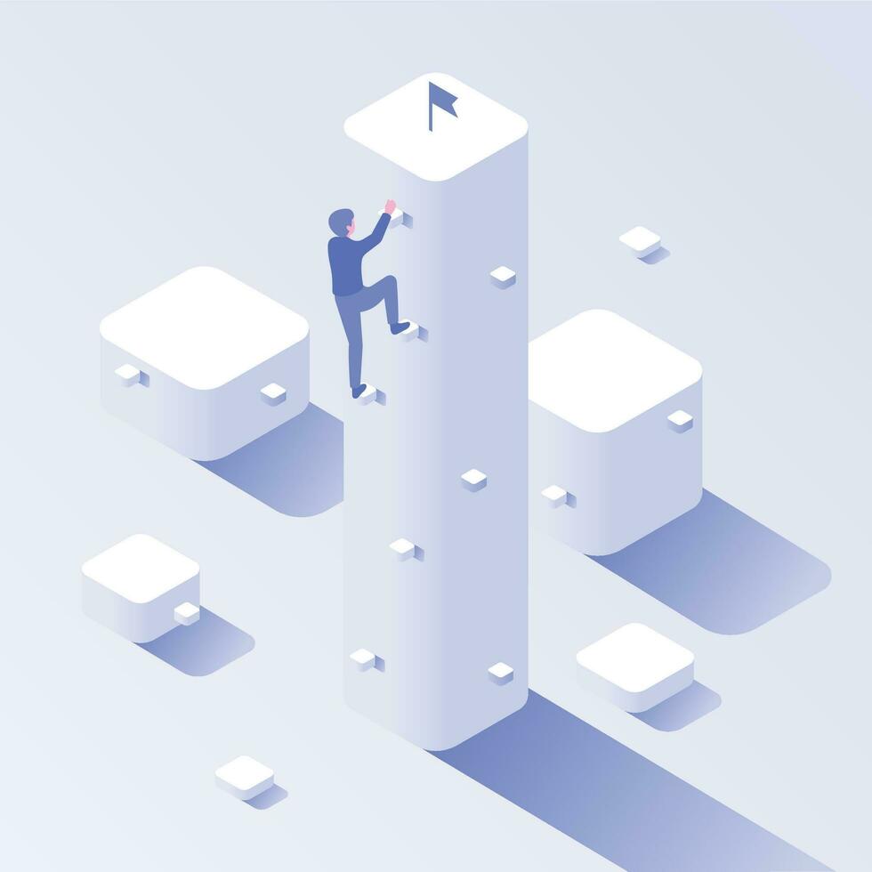 Businessman career climb. Business climbing, climbs for target and growth motivation isometric vector concept illustration