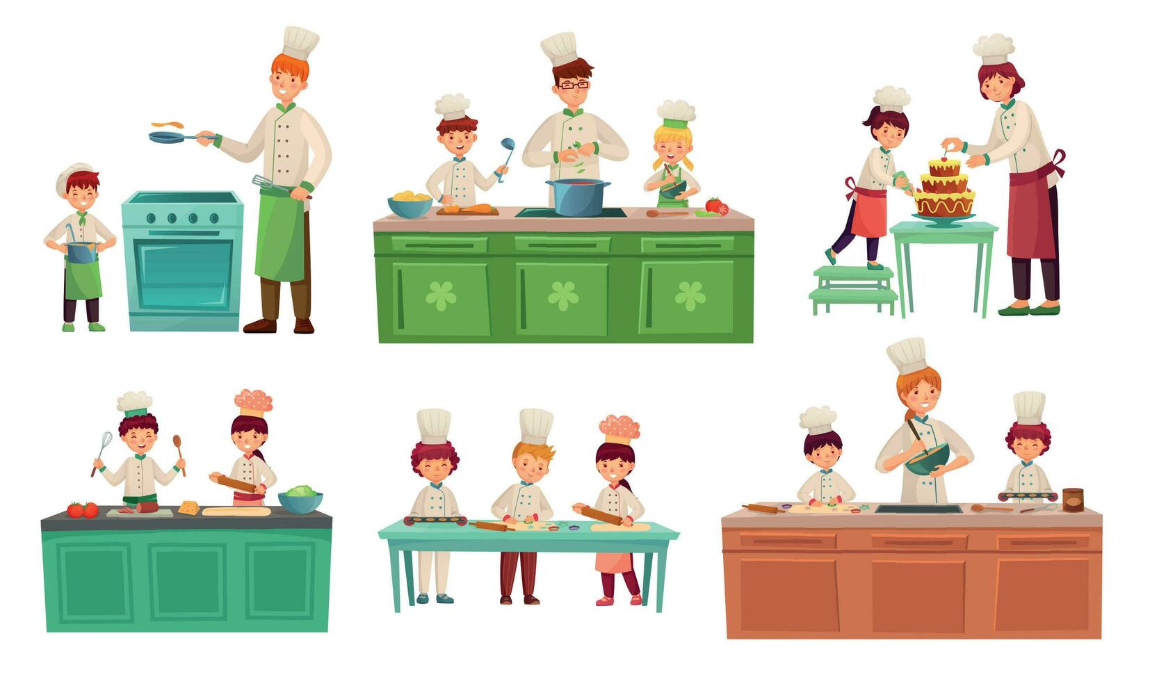 cocineros para niños. niños horneando o Cocinando alimento, jefe niños clases y cocinar con niño vector ilustración conjunto